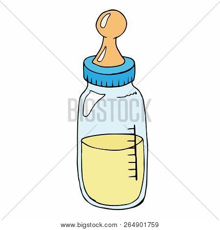 Baby Bottle For Feeding. Bottle With A Pacifier. Vector Illustration Bottle With A Measuring Scale. 