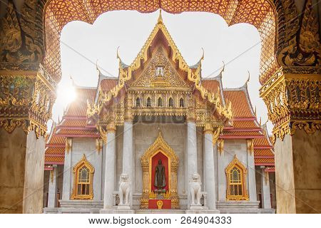 The Marble Temple Or Wat Benchamabophit Dusit Wanaram In Morning Time With Sun Beam On Top Of Church