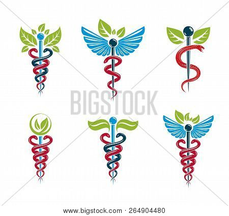Aesculapius Vector Abstract Illustrations Collection, Caduceus Symbols Composed With Green Leaves An