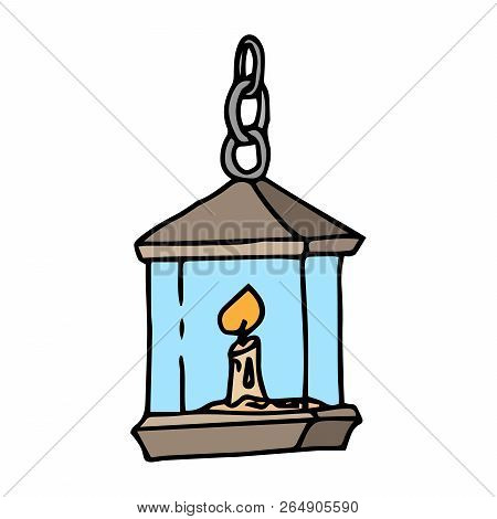 Lamp On The Chain. Vector Illustration Lamp With A Candle. Hand Drawn Candle.