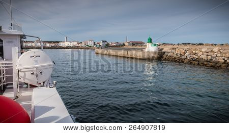Ile D Yeu, France - September 16, 2018: View Of The Bridge Of A Ferry That Enters The Harbor Of The 