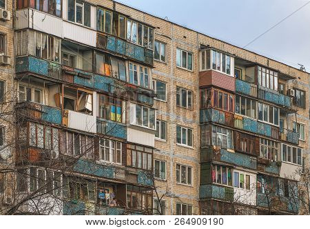 Balconies In An Old Panel Pre-fabricated House. Kiev, Ukraine