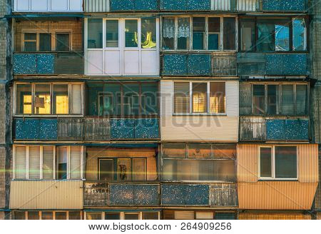 Balconies In An Old Panel Pre-fabricated House. Kiev, Ukraine