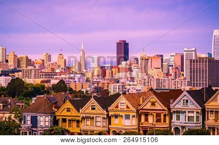 Purple Skies Above Nor Cal San Fran - Close Up On Row Houses And Victorian Row Homes In San Francisc
