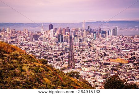 Sloping Spring Hillside - Pink And Purple Colorful San Francisco , California Cityscape Skyline From