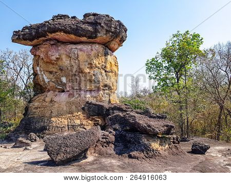 The Ancient Mushroom Shaped Stone Pillar Naturally Occurring Used By Human In Dvaravati Era At Phu P