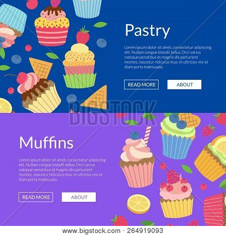 Vector Cute Cartoon Muffins Or Cupcakes Web Banner Templates And Poster For Website Illustration
