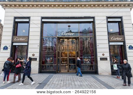Paris, France - December 20, 2017: Cartier Logo On Their Main Shop On Champs Elysee Avenue. Cartier 