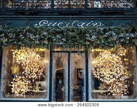 Paris, France - December 20, 2017: Guerlain Logo On Their Boutique On Champs Elysees. Guerlain Is A 