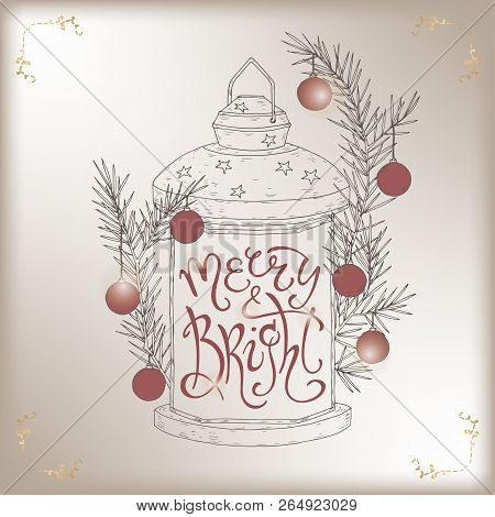 Christmas Brush Lettering Placed In A Simple Sketch Of A Decorated Holiday Lantern And Saying Merry 
