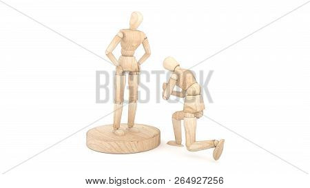 Mock Up Two Wooden Dolls Show Apologies. 3d Rendering