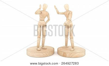 Two Wooden Puppets, Greet And Speak. 3d Rendering