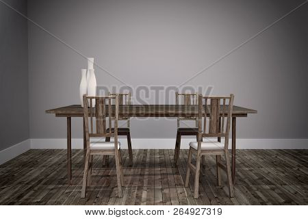 The Room Interior Four Chairs And Wooden Table, Wooden Floor And Empty Wall. 3d Rendering