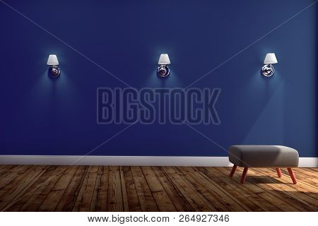Living Room Interior With Chair And Three Lamps ,wooden Floor On Blue Wall Background. 3d Rendering