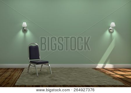 Living Room Interior With Chair And Carpet With Two Lamps ,wooden Floor On Green Wall Background. 3d