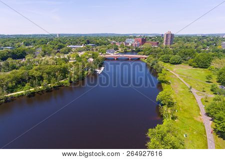 Charles River And Eliot Bridge Aerial View In Allston, Boston, Massachusetts, Usa.