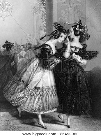 De maskerade. Gegraveerd door J.Penston en gepubliceerd in Fisher's salon Scrap Book, koning van het Verenigd
