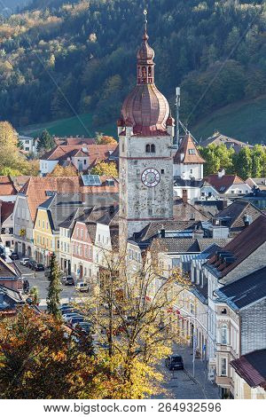 Waidhofen An Der Ybbs, Austria - October 14, 2018. Aerial View Of The Historical Town Centre On A Su