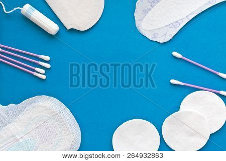 Flat Lay Background Top View Copy Space. Cotton Pads For Removal Makeup, Cotton Pads, Ear Sticks, Ta