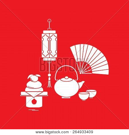 Eastern New Year Symbols. Chinese Lantern, Kettle With Two Cups, Fan, Kagami Mochi. Festive Traditio