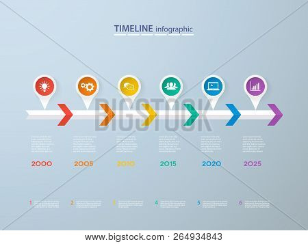 Infographics Timeline Template With Realistic Colorful Circles For 6 Steps And Icons. Can Be Used Fo