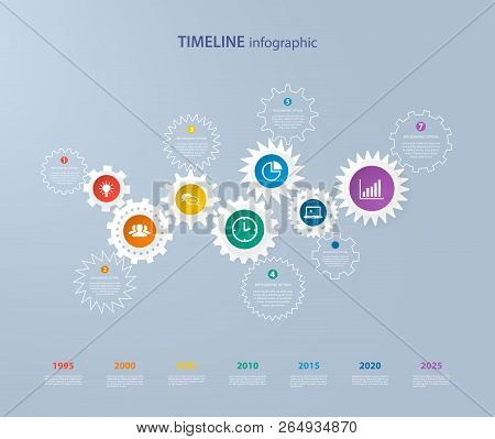 Infographics Timeline Template With Realistic Colorful Circles And Gears For 7 Steps And Icons. Can 
