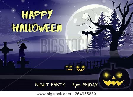 Happy Halloween Lettering With Moon, Trees And Pumpkins. Invitation Or Advertising Design. Typed Tex