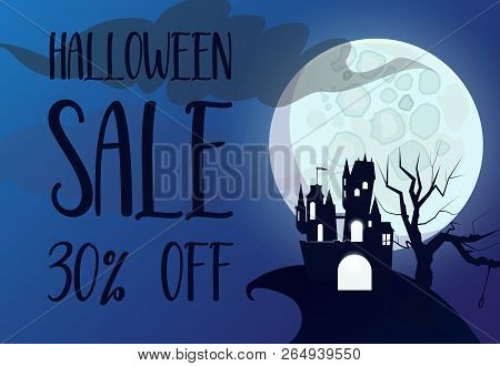 Halloween Sale Brochure Design. Dark Castle On Cliff, Tree With Halter And Moon In Background. Templ