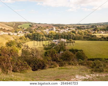 Corfe Castle Dorset Holiday Skyline Blue Clouds Nature Landscape Building Ruins Medieval Summer Day