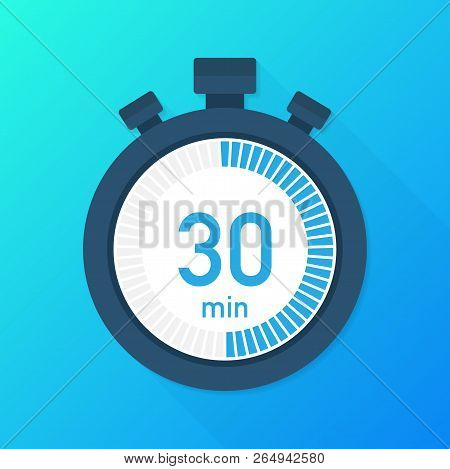 The 30 Minutes, Stopwatch Vector Icon. Stopwatch Icon In Flat Style, Timer On On Color Background.  