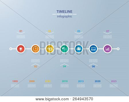Infographics Timeline Template With Realistic Colorful Circles For7 Steps And Icons. Can Be Used For