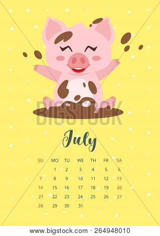 Vector Cartoon Style Illustration Of July 2019 Year Calendar Page With Cute Happy Pink Pig Bathing I