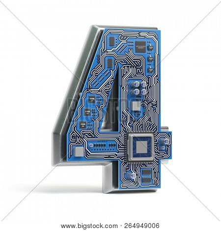 Number 4 four, Alphabet in circuit board style. Digital hi-tech letter isolated on white. 3d illustration