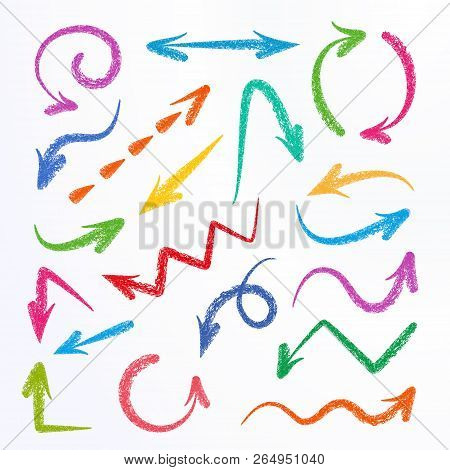 Grunge Color Arrows Set On White. Hand Drawn Vector Arrows.