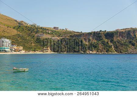 Himare, Albania- 29 June 2014: The Coast In The Tourist Town Of Himare. Stony Beach On The Adriatic 