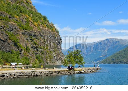 Flam, Norway - July 16, 2018: Breathtaking Norwegian Fjord And Mountain Landscapes During Norway In 