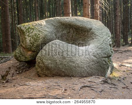 One of many unique sandstone rock formations that can be found on the Mushroom Rocks tourist trail in the Table Mountain National Park, Poland