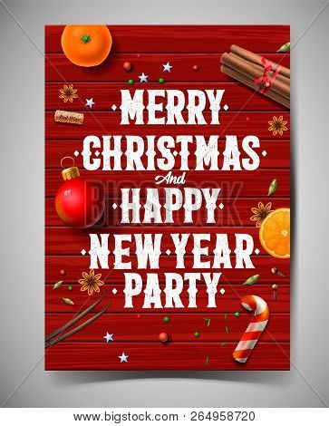 Merry Christmas And Happy New Year Party Design Template, Poster With Vintage Background With Typogr