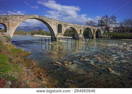 Medieval Bridge Over River Arahthos In Arta, Greece