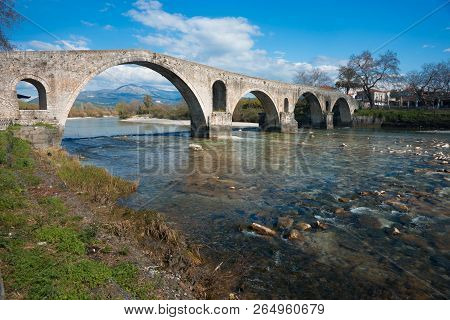 Medieval Bridge Over River Arahthos In Arta, Greece