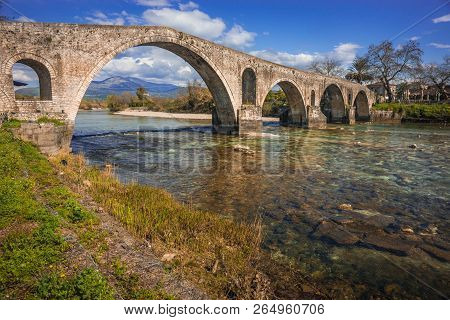 Medieval Bridge Over River Arahthos In Arta, Greece