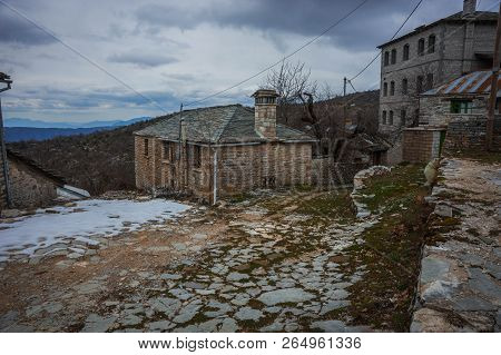 Beautiful Winter Landscape In Ruined Mountain Village Of Zagorohoria, Greece
