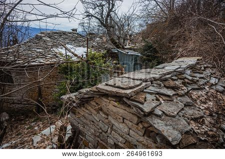 Beautiful Winter Landscape In Ruined Mountain Village Of Zagorohoria, Greece