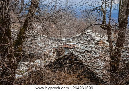 Beautiful Winter Landscape In Ruined Mountain Village Of Zagorohoria, Greece