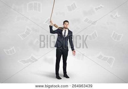 Young burnout businessman with flying documents concept