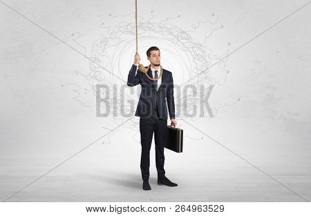 Burnout young elegant businessman trying to suicide with doodle concept