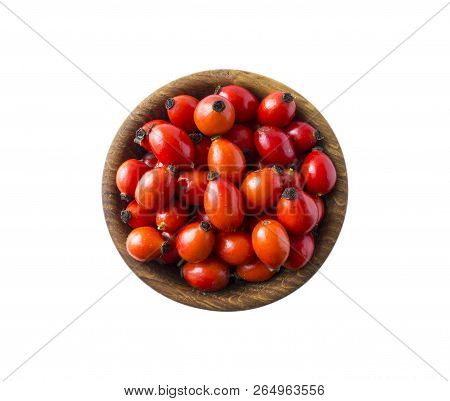 Fresh Rosehip Berries On White Background. Top View. Rosehip Berries In A Bowl Isolated On White Bac