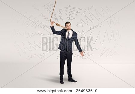 Hopeless young businessman trying to suicide with question signs concept