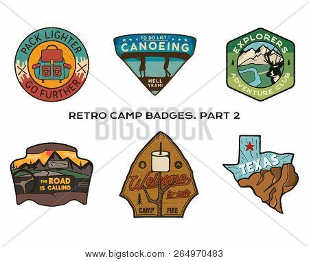 Vintage Hand Drawn Travel Badges Set. Camping Labels Concepts. Mountain Expedition Logo Designs. Out