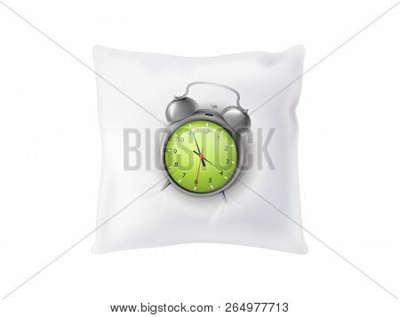 3d Realistic Alarm Clock On White Soft Pillow. Sleeping Concept Isolated On Background. Feather Cush